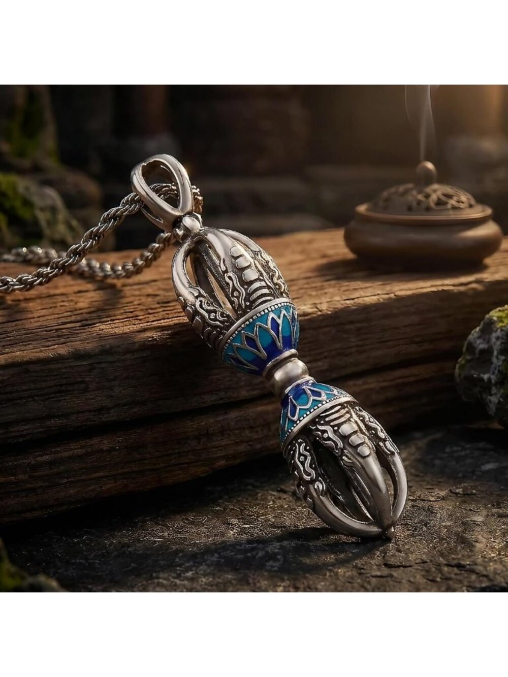 Men's Tibetan Vajra Necklace | Silver Dorje Pendant, Adjustable Rope Chain - Picture 2 of 8